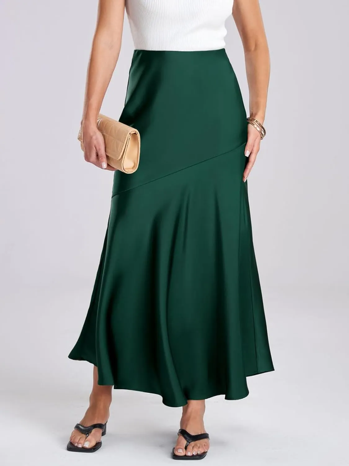 ebossy Women's Elegant Fishtail Long Skirt Silk Satin Hidden Elastic Waist Ruffle Flared A-Line Maxi Skirt