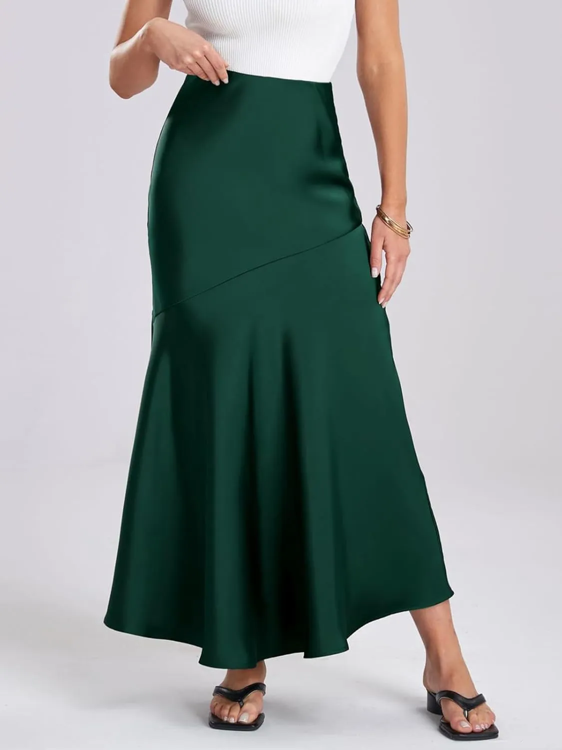 ebossy Women's Elegant Fishtail Long Skirt Silk Satin Hidden Elastic Waist Ruffle Flared A-Line Maxi Skirt