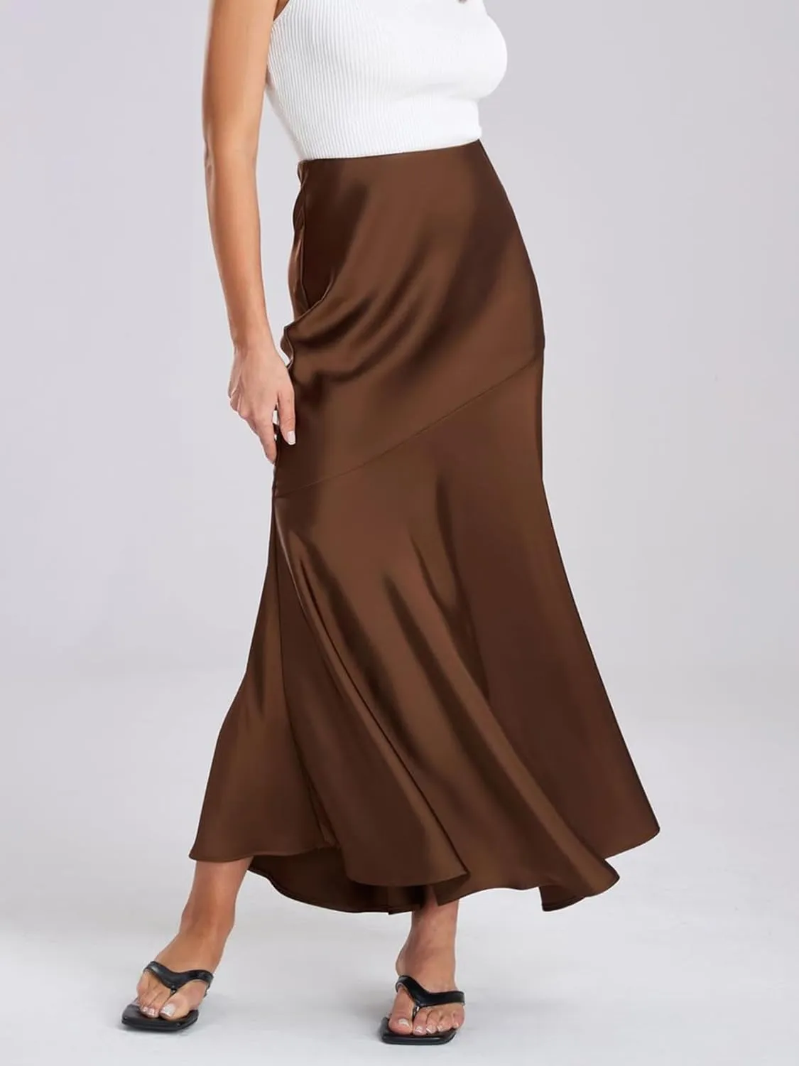 ebossy Women's Elegant Fishtail Long Skirt Silk Satin Hidden Elastic Waist Ruffle Flared A-Line Maxi Skirt