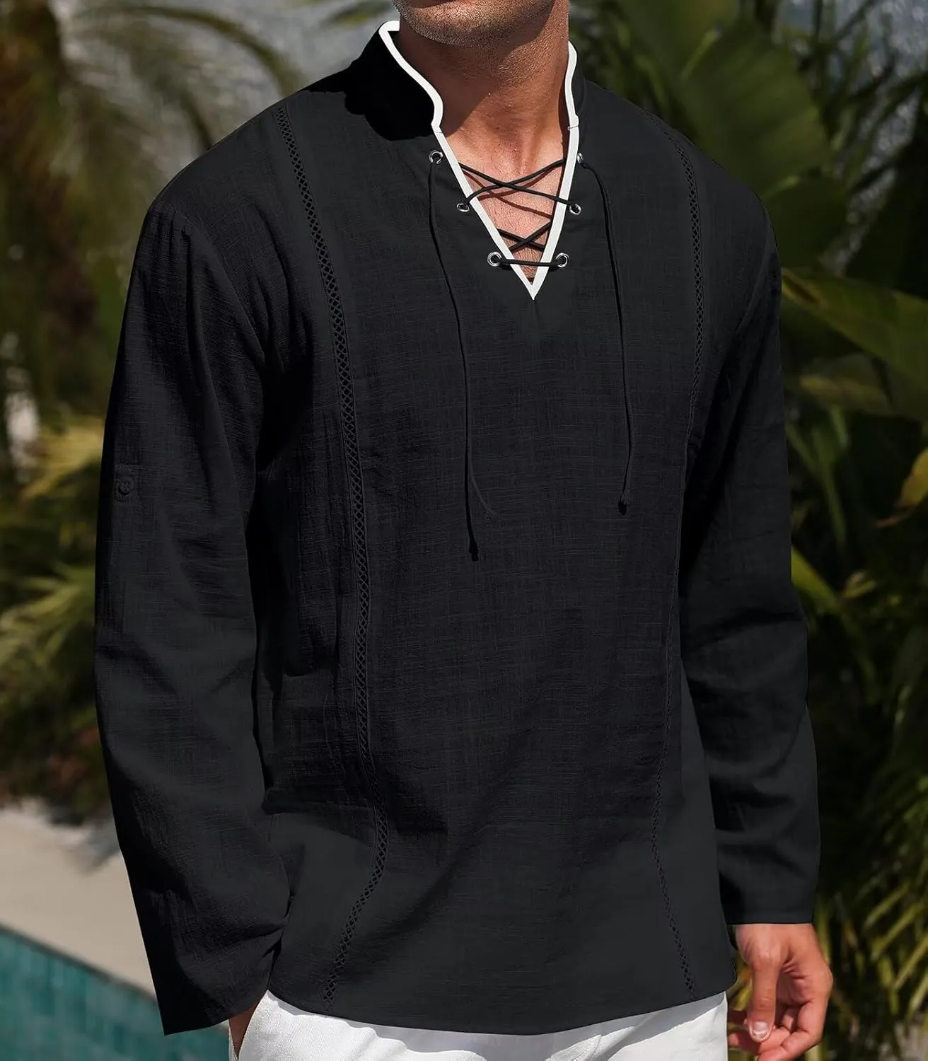 EDITCOZY Men's Cotton Linen Shirt Drawstring Tops Viking Pirate Renaissance Costume Medieval