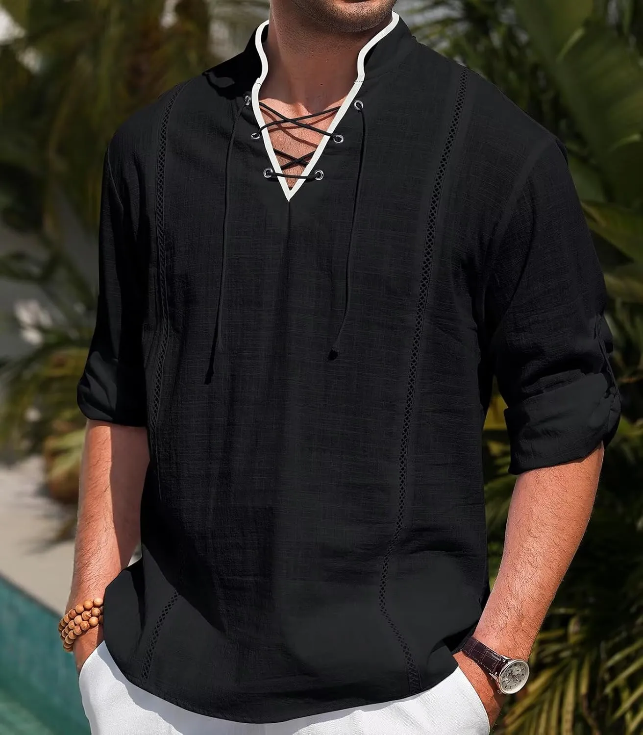 EDITCOZY Men's Cotton Linen Shirt Drawstring Tops Viking Pirate Renaissance Costume Medieval