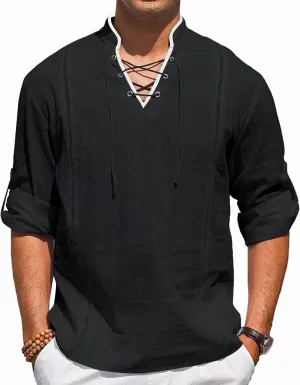 EDITCOZY Men's Cotton Linen Shirt Drawstring Tops Viking Pirate Renaissance Costume Medieval