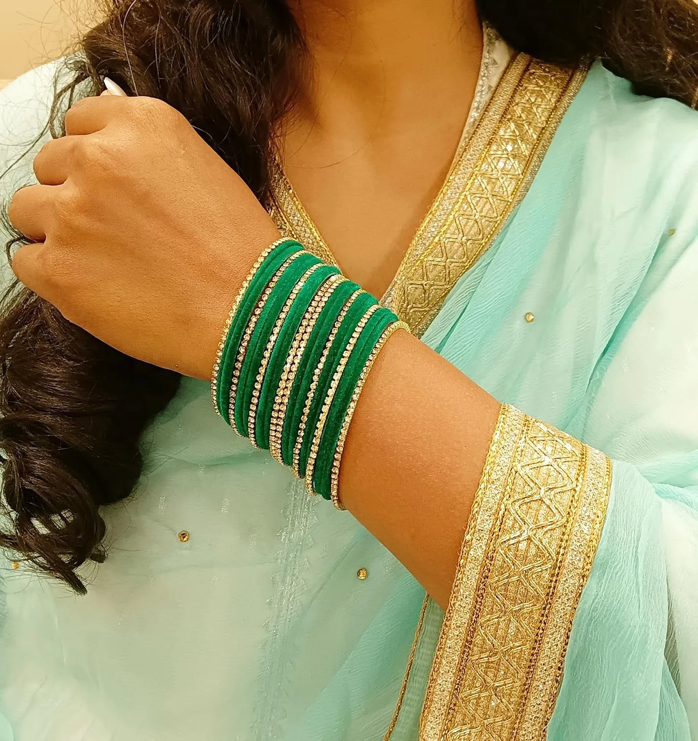 Efulgenz Indian Bangle Set - Bollywood Rhinestone CZ Crystal Velvet Bracelet Bangle Jewelry for Women