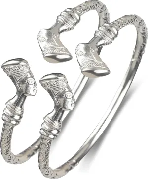 Egyptian Queen Nefertiti .925 Sterling Silver Thick West Indian Bangle Bracelets Set for women, 1 pair