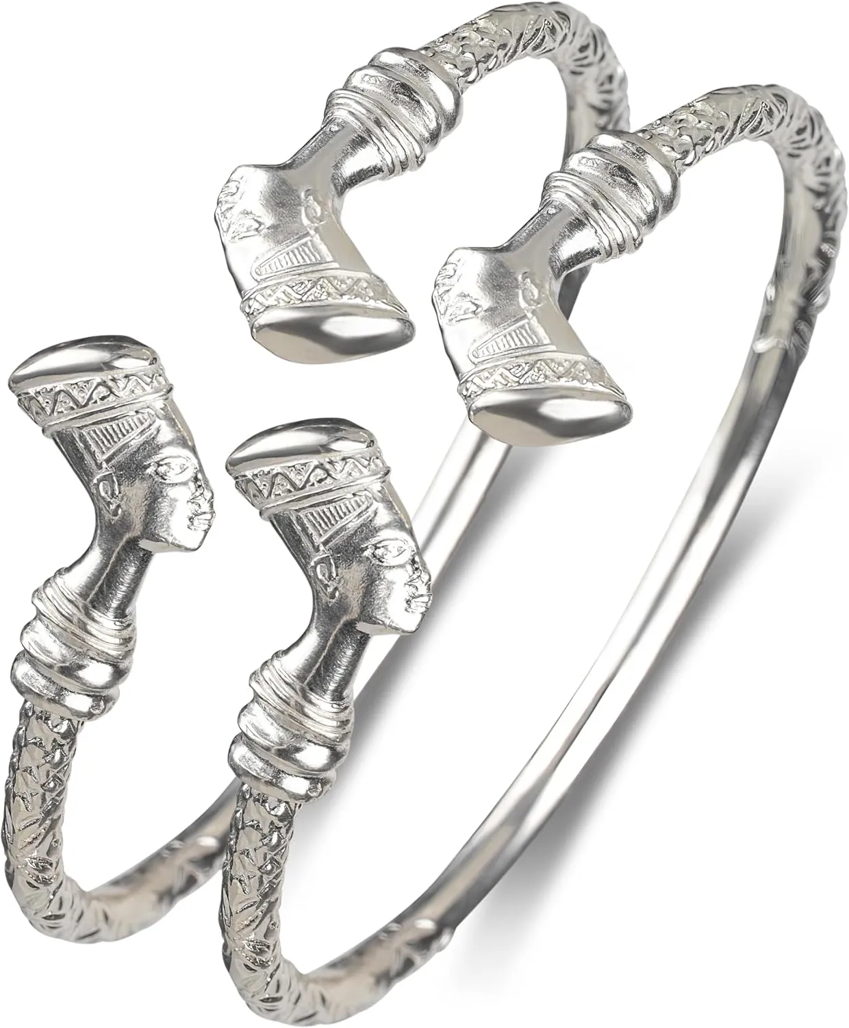 Egyptian Queen Nefertiti .925 Sterling Silver Thick West Indian Bangle Bracelets Set for women, 1 pair