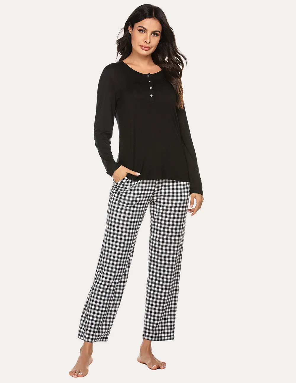 Ekouaer 2 Piece Plaid Bottom Pajama Set (US Only)