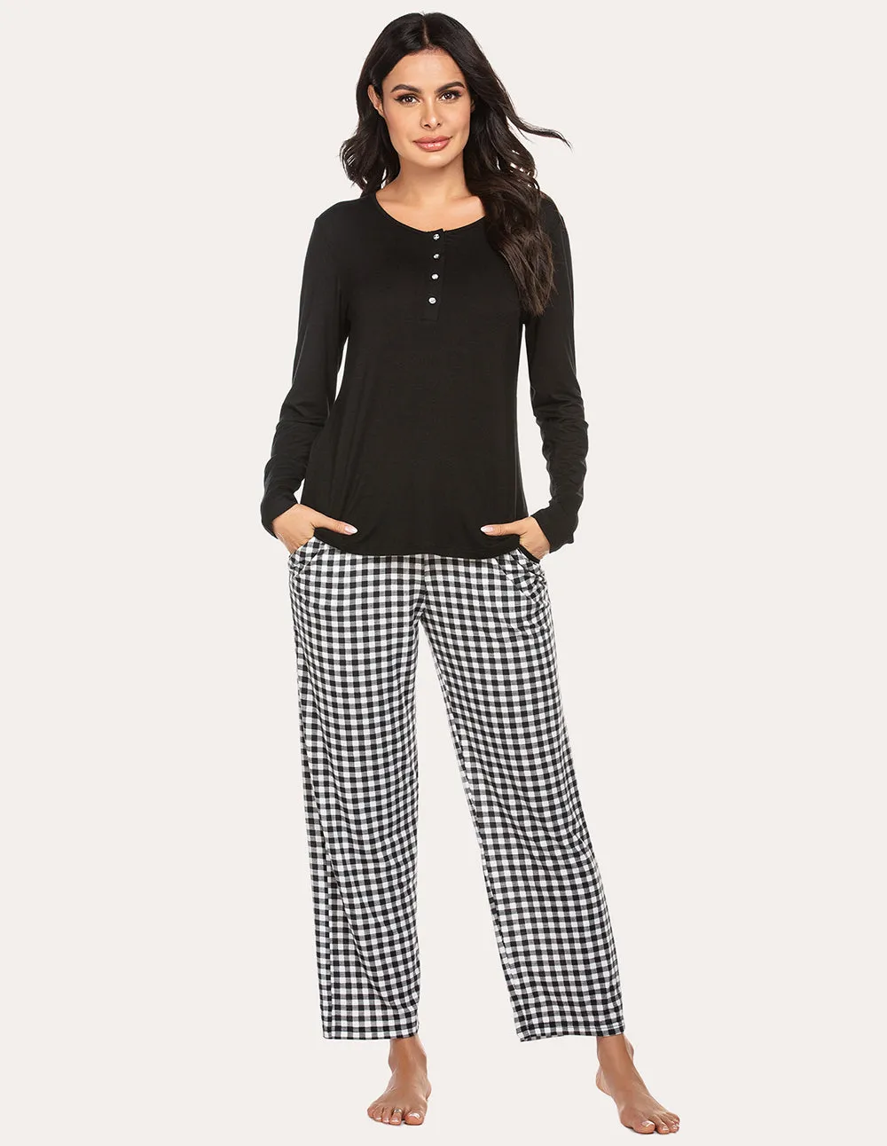 Ekouaer 2 Piece Plaid Bottom Pajama Set (US Only)