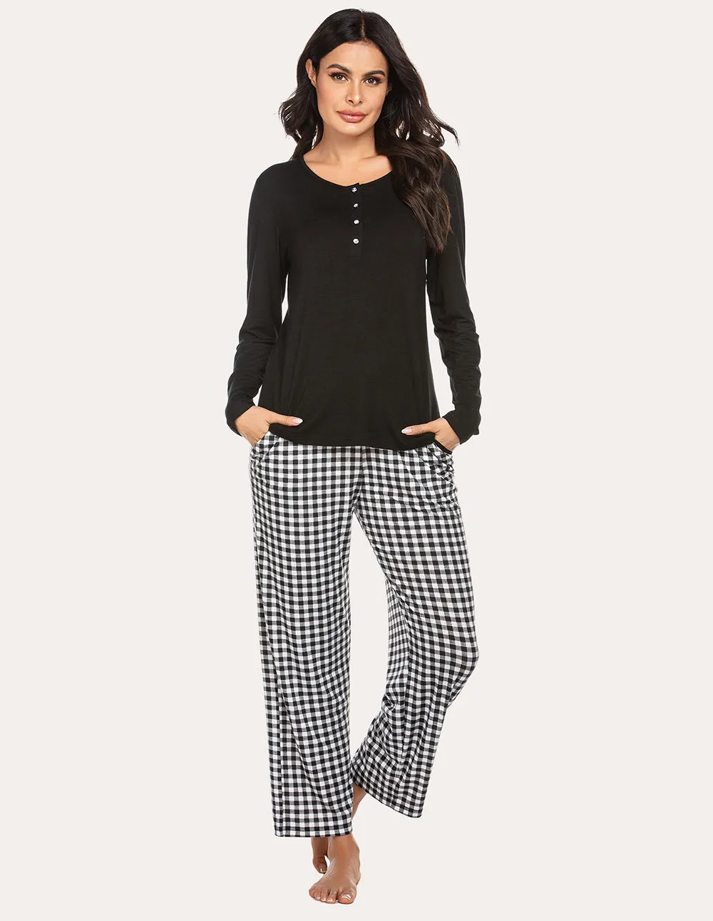 Ekouaer 2 Piece Plaid Bottom Pajama Set (US Only)