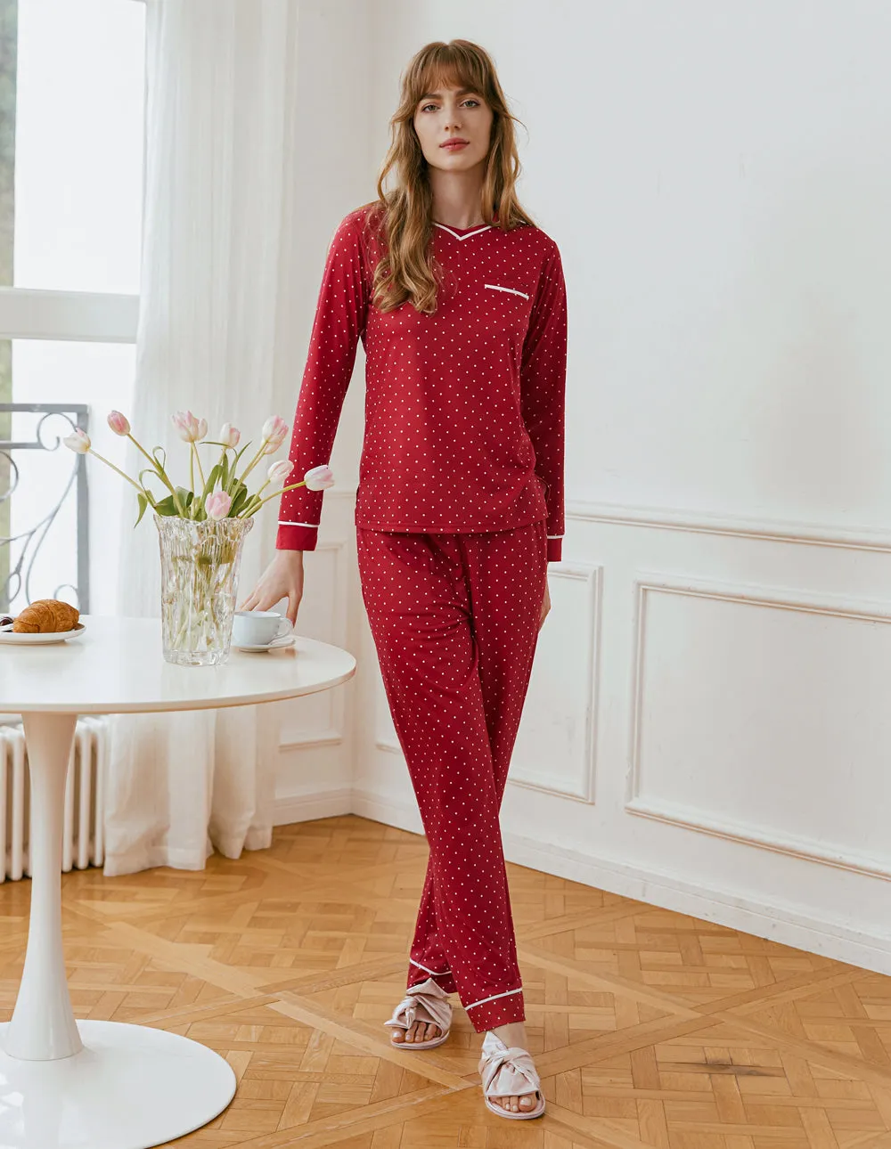 Ekouaer Polka Dot T-shirt Pants Pajama Set (US Only)