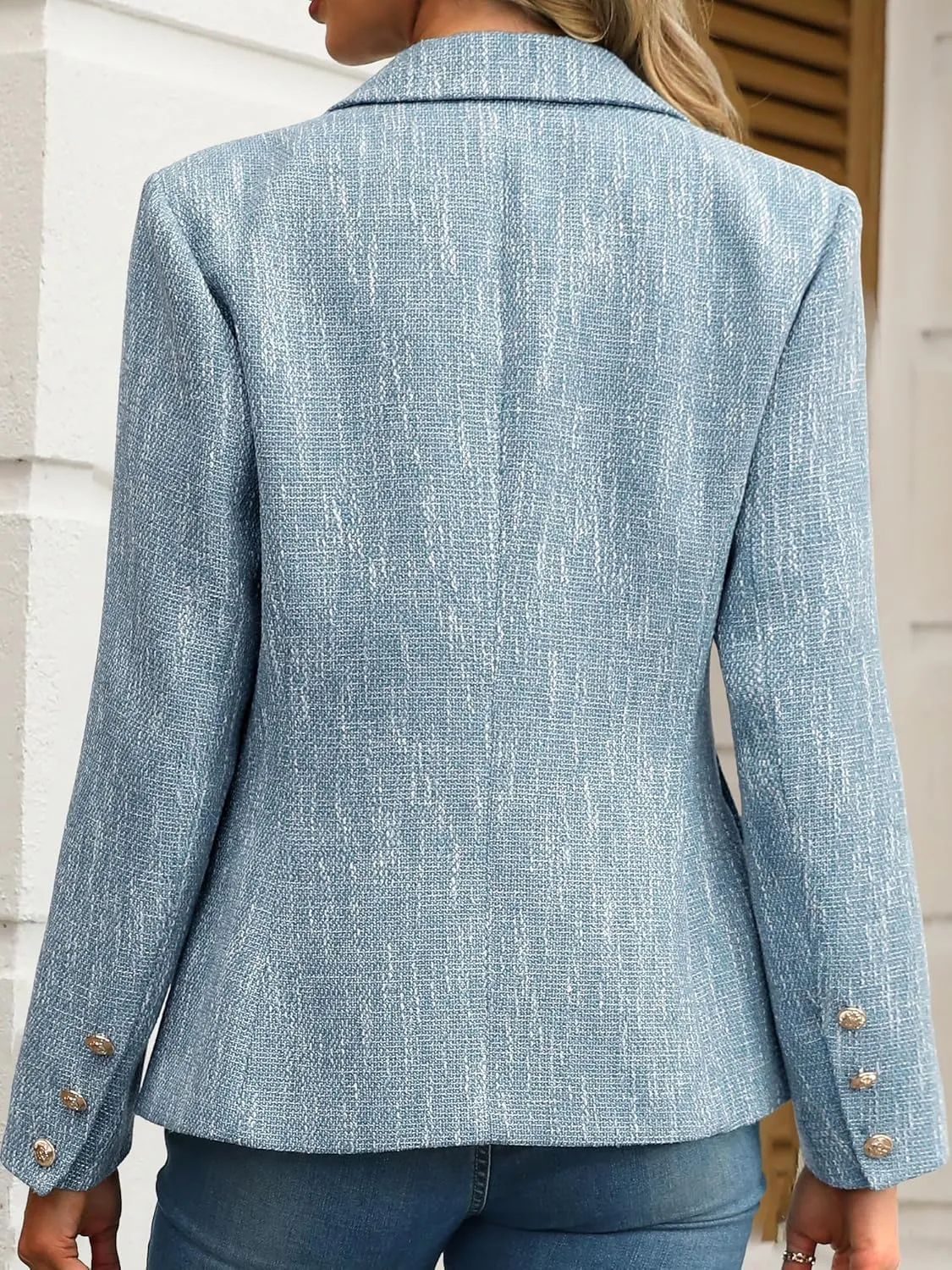 ELLEVEN Women's Tweed Blazers Business Casual - Long Sleeve Double Breasted Jackets Open Front Work Suits