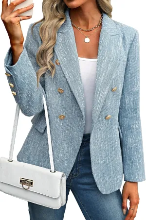 ELLEVEN Women's Tweed Blazers Business Casual - Long Sleeve Double Breasted Jackets Open Front Work Suits