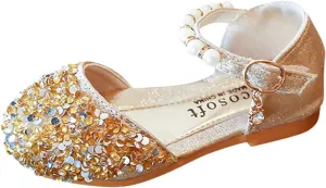 EnJoCho Girls Dress Shoes Pearl Crystal Bling Bowknot Flats Wedding Party School Formal Princess Shoes for Toddler 15M-11.5Y (B-Gold#86, 3-3.5Years)
