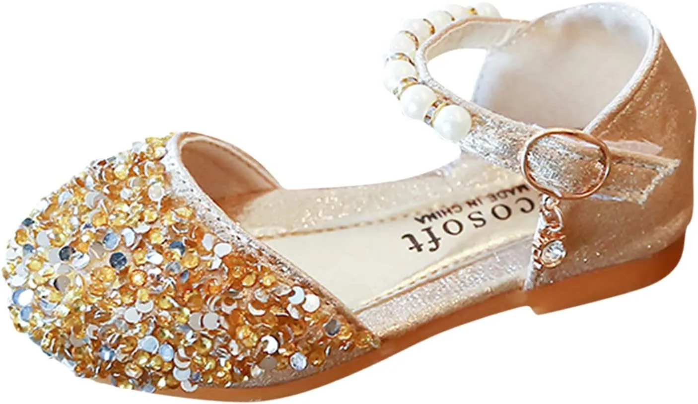 EnJoCho Girls Dress Shoes Pearl Crystal Bling Bowknot Flats Wedding Party School Formal Princess Shoes for Toddler 15M-11.5Y (B-Gold#86, 3-3.5Years)