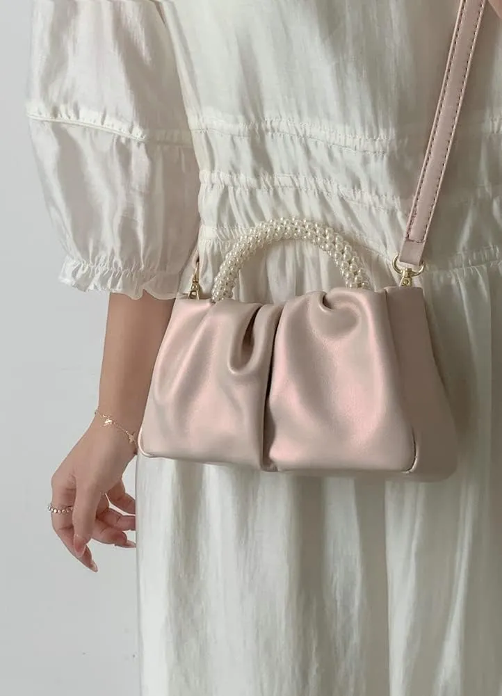 Evening Purse Women Pearl Tote Handbags Elegant Ruched Evening Hobo Bag Crossbody Bag for Wedding Party Prom