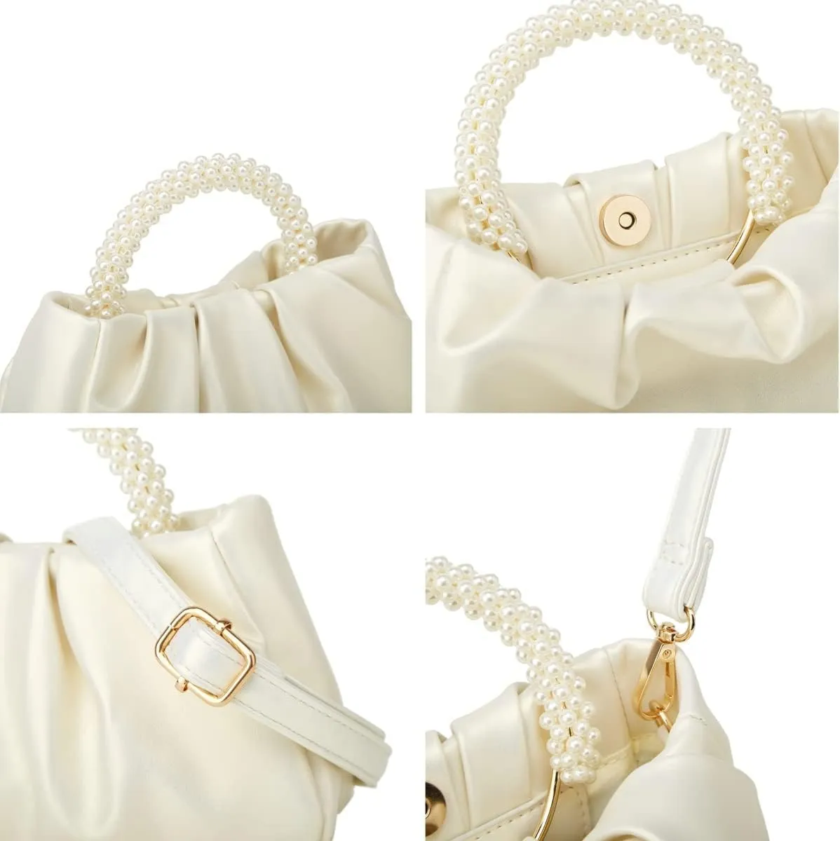 Evening Purse Women Pearl Tote Handbags Elegant Ruched Evening Hobo Bag Crossbody Bag for Wedding Party Prom