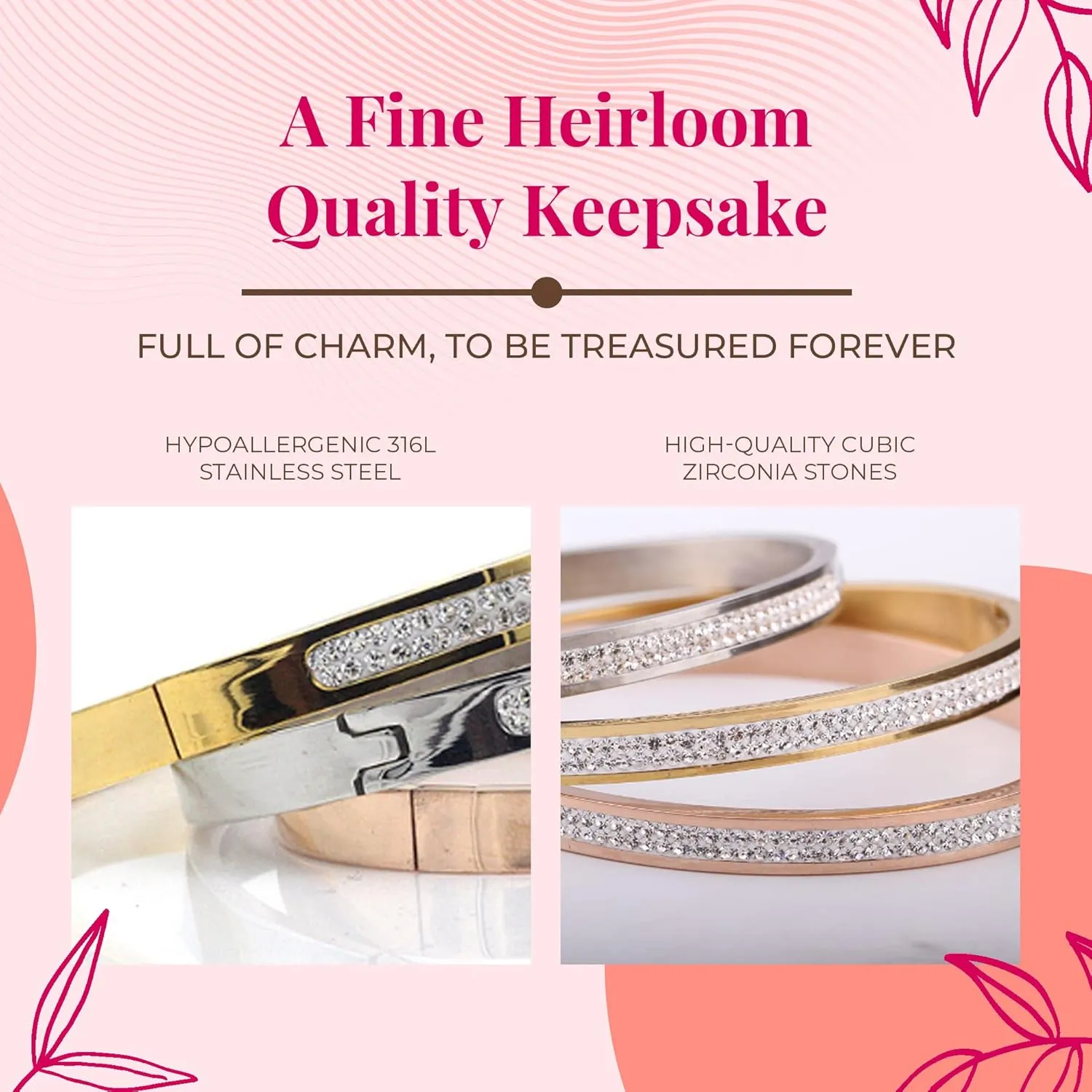 Exquisite Bracelet Bangles Gift Box, 1 Silver, 1 Gold, 1 Rose Gold, Friendship Jewelry for Women, Stainless Steel Hinged Bracelet with Row of Select Cubic Zirconias