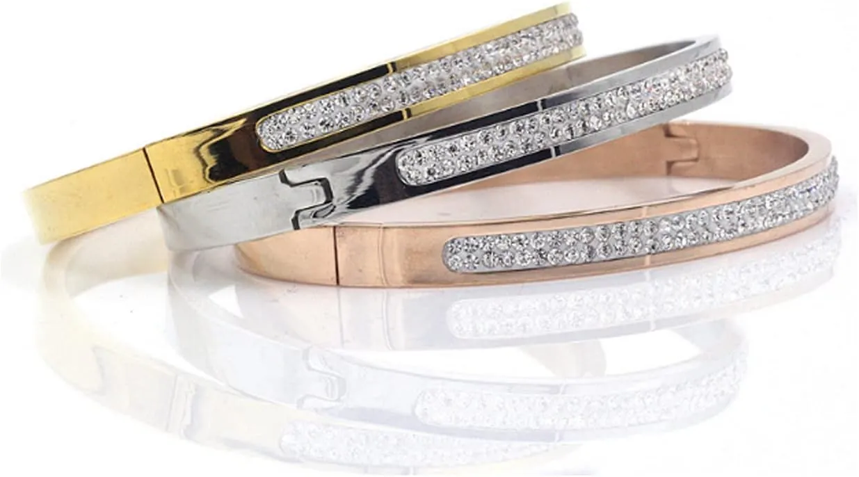 Exquisite Bracelet Bangles Gift Box, 1 Silver, 1 Gold, 1 Rose Gold, Friendship Jewelry for Women, Stainless Steel Hinged Bracelet with Row of Select Cubic Zirconias