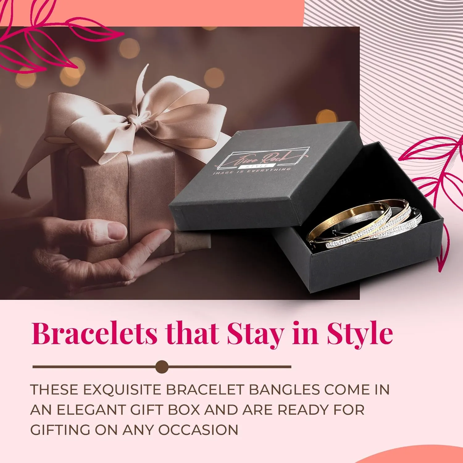 Exquisite Bracelet Bangles Gift Box, 1 Silver, 1 Gold, 1 Rose Gold, Friendship Jewelry for Women, Stainless Steel Hinged Bracelet with Row of Select Cubic Zirconias