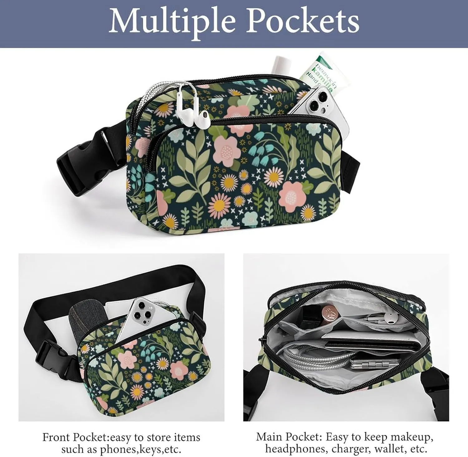 Fanny Pack for Women Men Delicate Flower Belt Bag Colorful Flowers Waist Pack Bum Bag for Running Cycling Hiking Travel Workout with Adjustable Strap