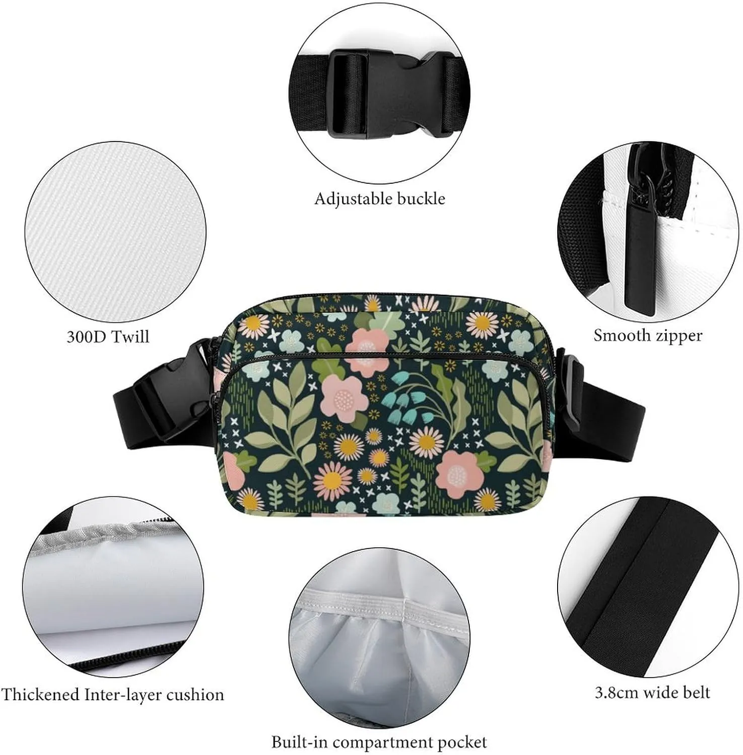 Fanny Pack for Women Men Delicate Flower Belt Bag Colorful Flowers Waist Pack Bum Bag for Running Cycling Hiking Travel Workout with Adjustable Strap