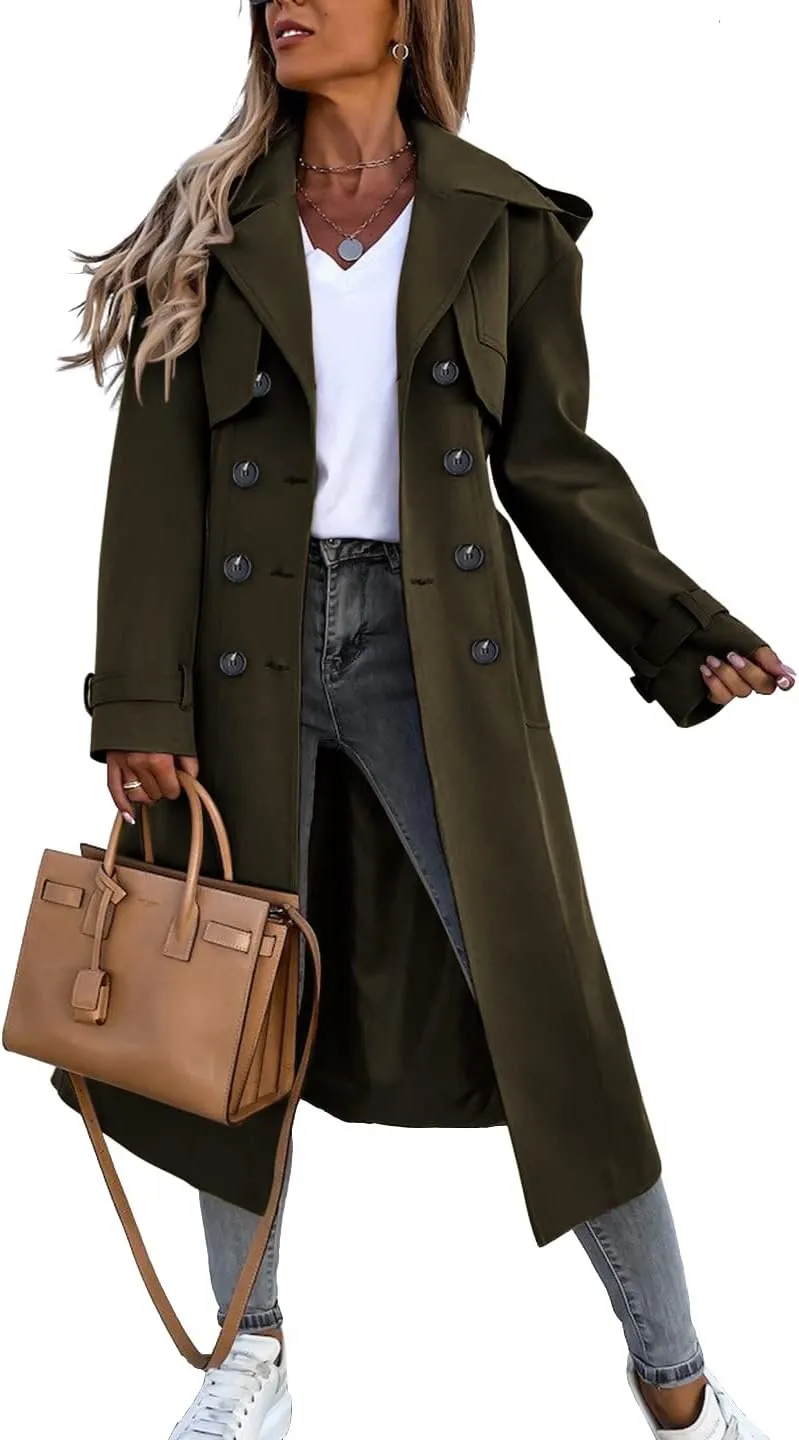 Fisoew Women's Double Breasted Long Trench Coat Windproof Classic Lapel Belted Overcoat with Pockets