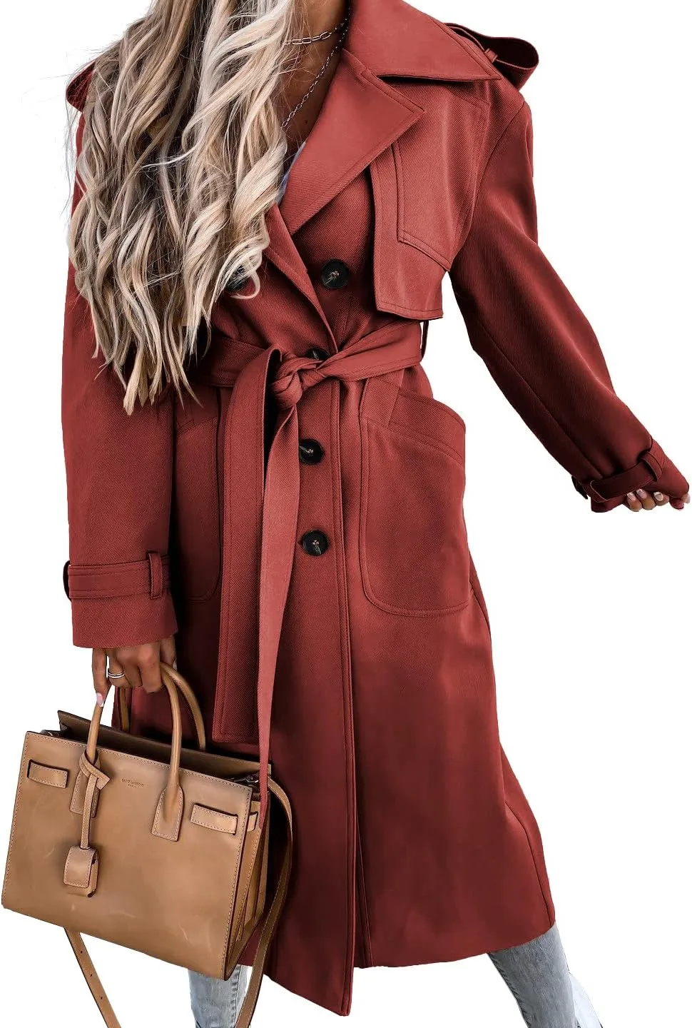 Fisoew Women's Double Breasted Long Trench Coat Windproof Classic Lapel Belted Overcoat with Pockets