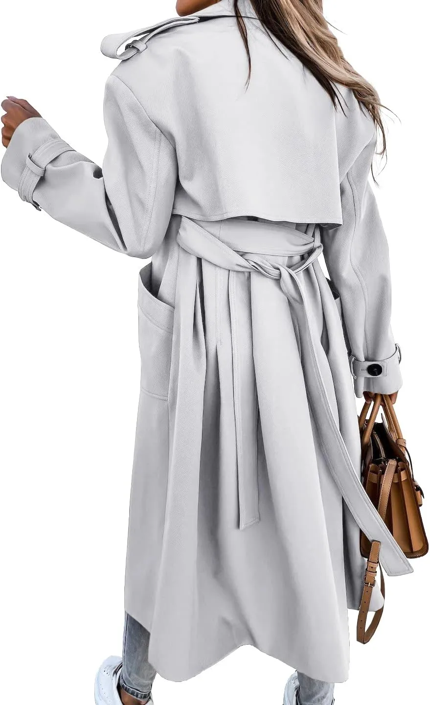 Fisoew Women's Double Breasted Long Trench Coat Windproof Classic Lapel Belted Overcoat with Pockets