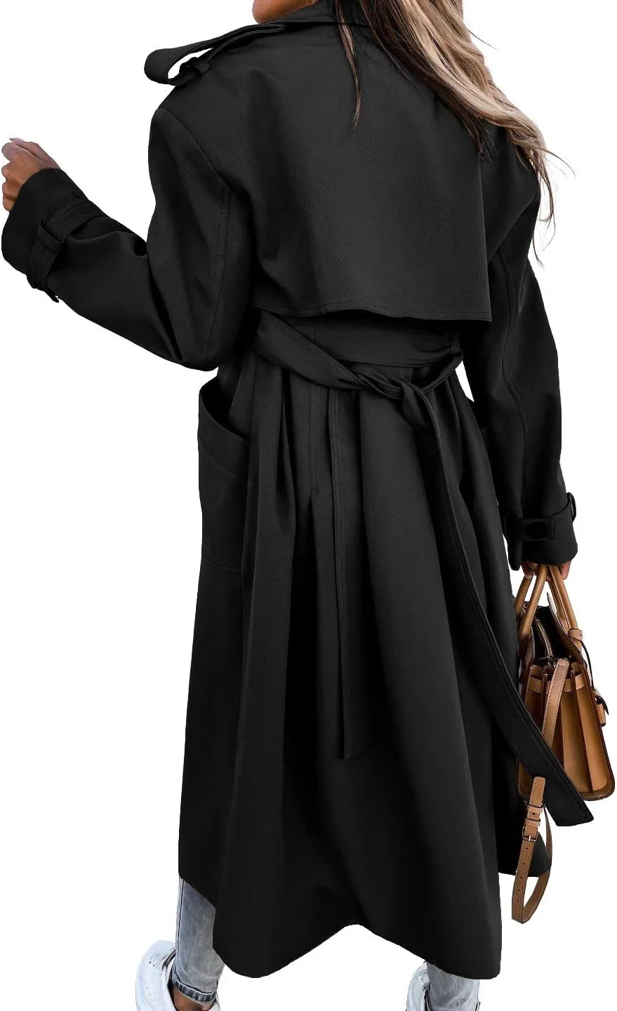 Fisoew Women's Double Breasted Long Trench Coat Windproof Classic Lapel Belted Overcoat with Pockets