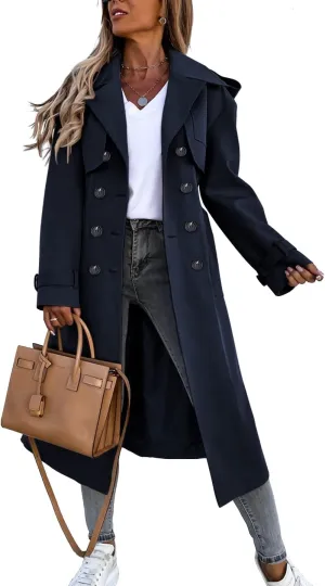 Fisoew Women's Double Breasted Long Trench Coat Windproof Classic Lapel Belted Overcoat with Pockets