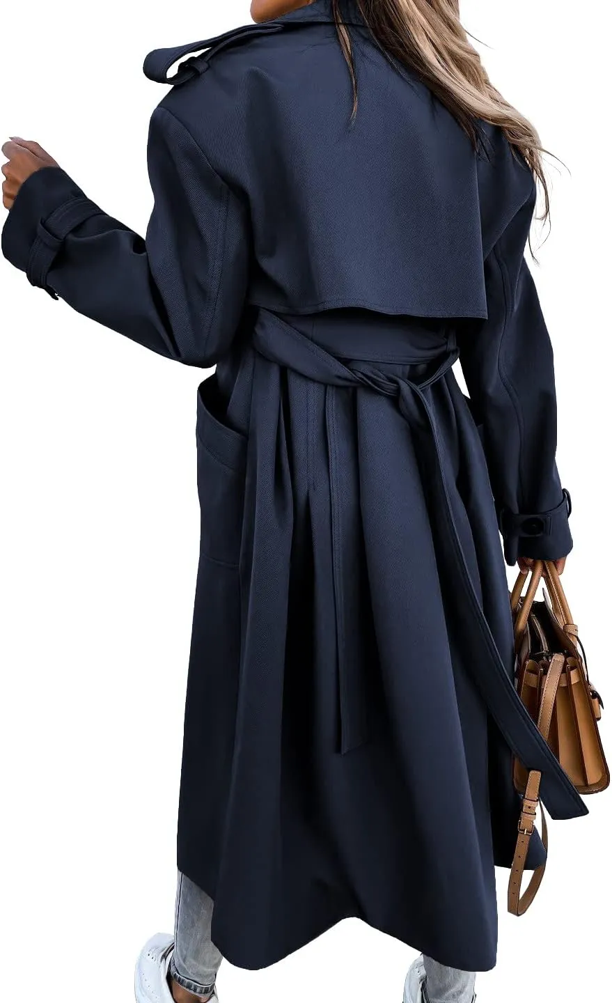 Fisoew Women's Double Breasted Long Trench Coat Windproof Classic Lapel Belted Overcoat with Pockets