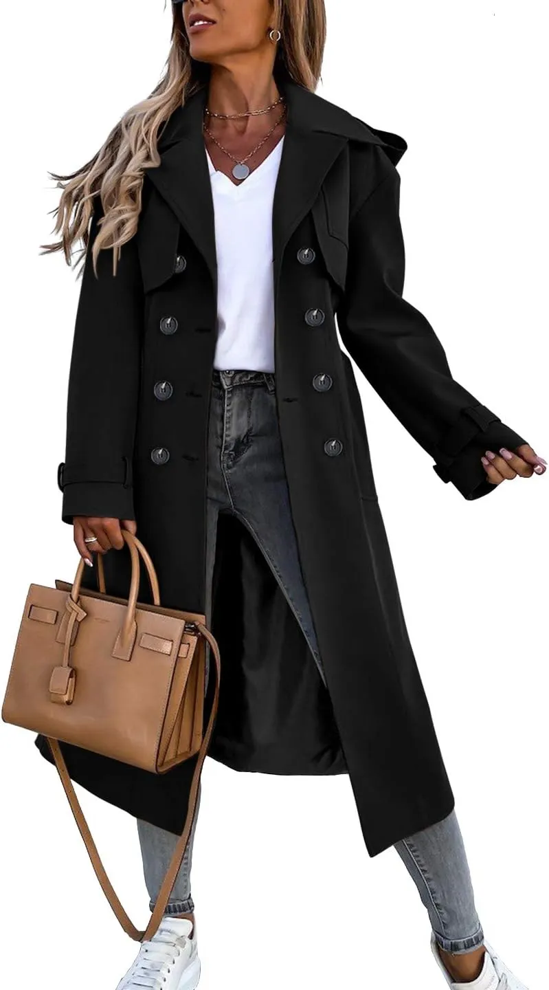 Fisoew Women's Double Breasted Long Trench Coat Windproof Classic Lapel Belted Overcoat with Pockets