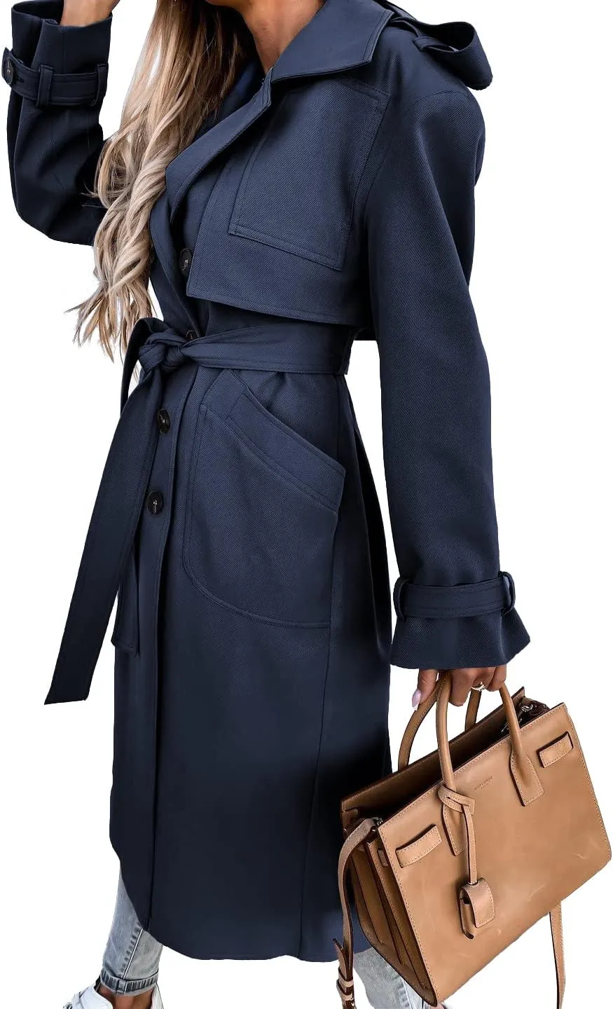 Fisoew Women's Double Breasted Long Trench Coat Windproof Classic Lapel Belted Overcoat with Pockets