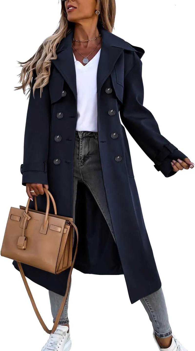 Fisoew Women's Double Breasted Long Trench Coat Windproof Classic Lapel Belted Overcoat with Pockets