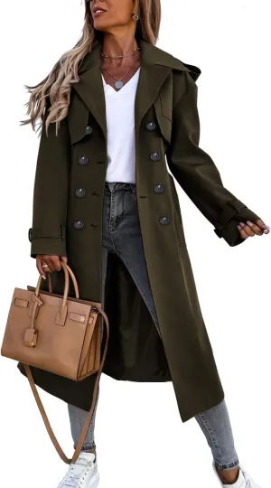 Fisoew Women's Double Breasted Long Trench Coat Windproof Classic Lapel Belted Overcoat with Pockets