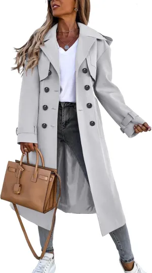 Fisoew Women's Double Breasted Long Trench Coat Windproof Classic Lapel Belted Overcoat with Pockets