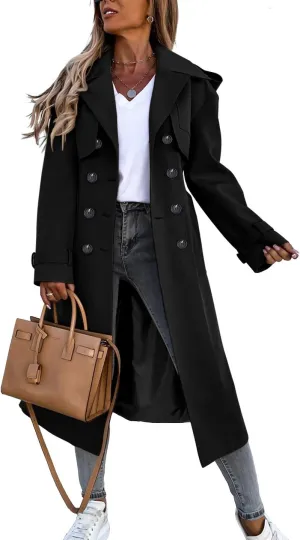 Fisoew Women's Double Breasted Long Trench Coat Windproof Classic Lapel Belted Overcoat with Pockets