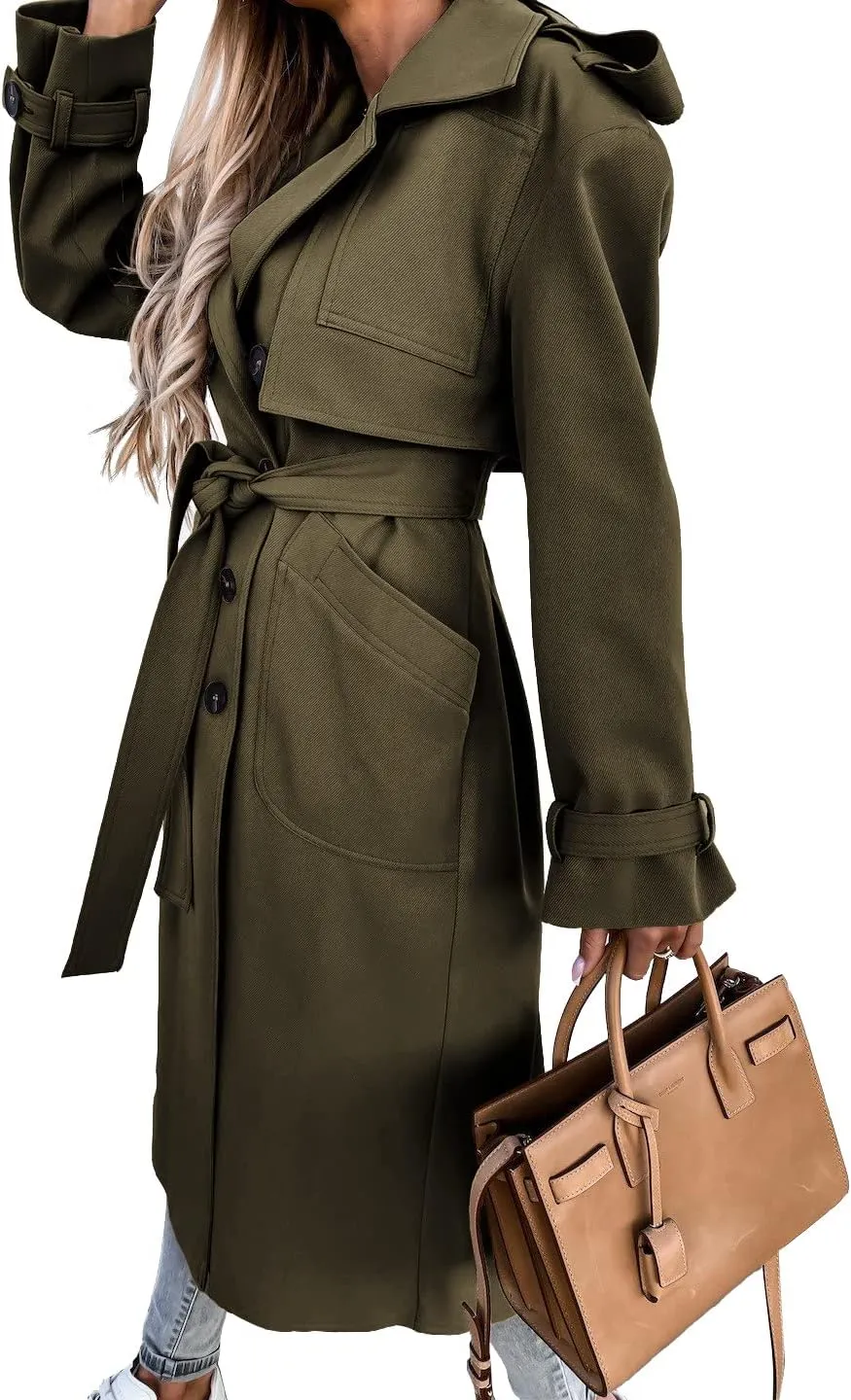 Fisoew Women's Double Breasted Long Trench Coat Windproof Classic Lapel Belted Overcoat with Pockets