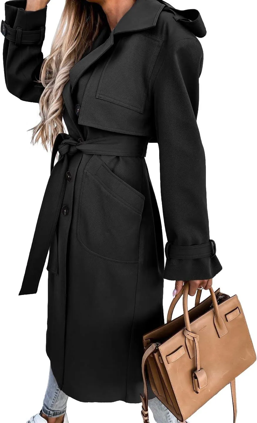 Fisoew Women's Double Breasted Long Trench Coat Windproof Classic Lapel Belted Overcoat with Pockets