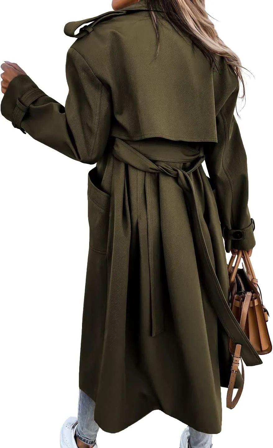 Fisoew Women's Double Breasted Long Trench Coat Windproof Classic Lapel Belted Overcoat with Pockets