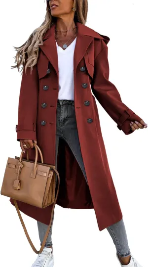 Fisoew Women's Double Breasted Long Trench Coat Windproof Classic Lapel Belted Overcoat with Pockets