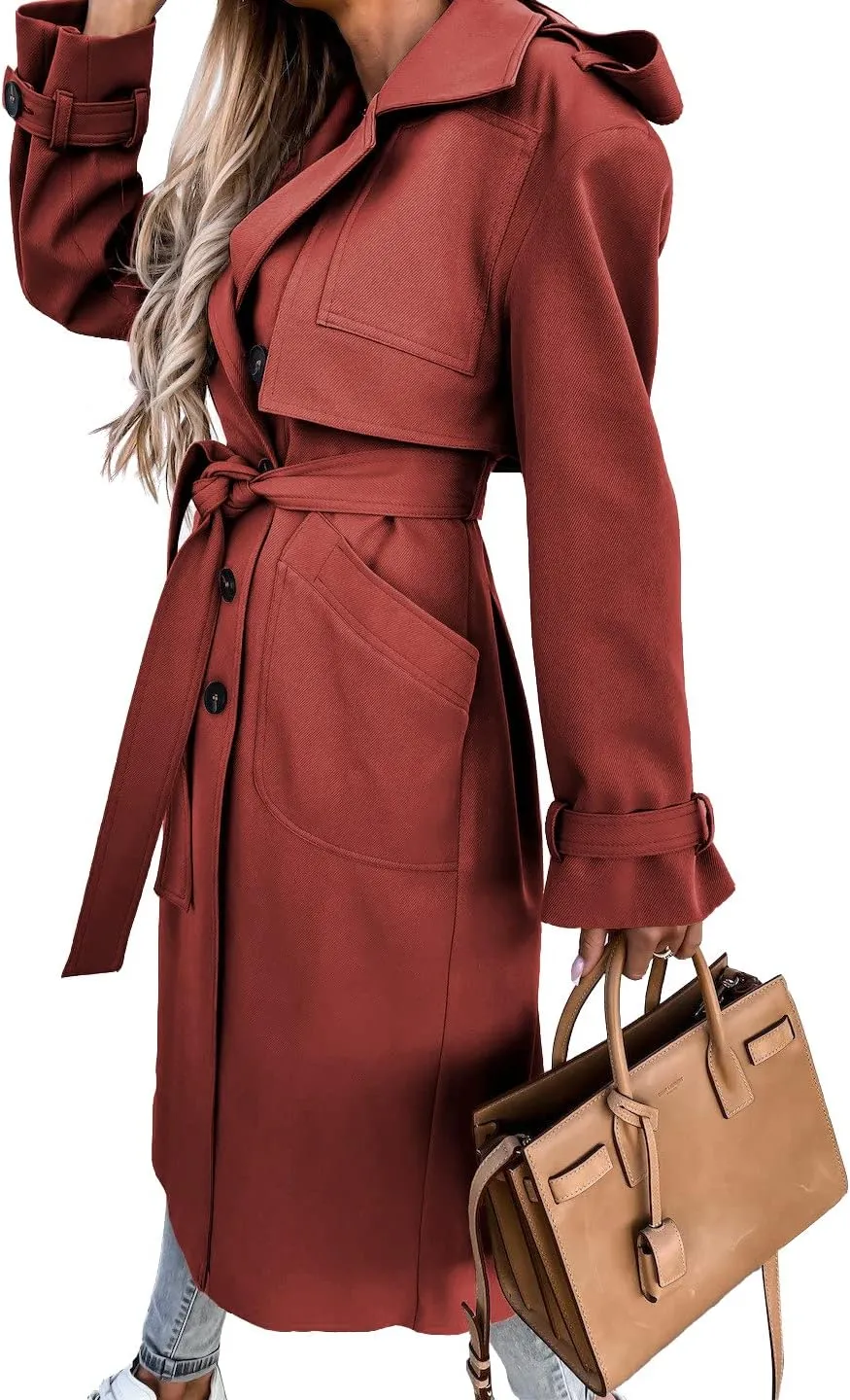 Fisoew Women's Double Breasted Long Trench Coat Windproof Classic Lapel Belted Overcoat with Pockets