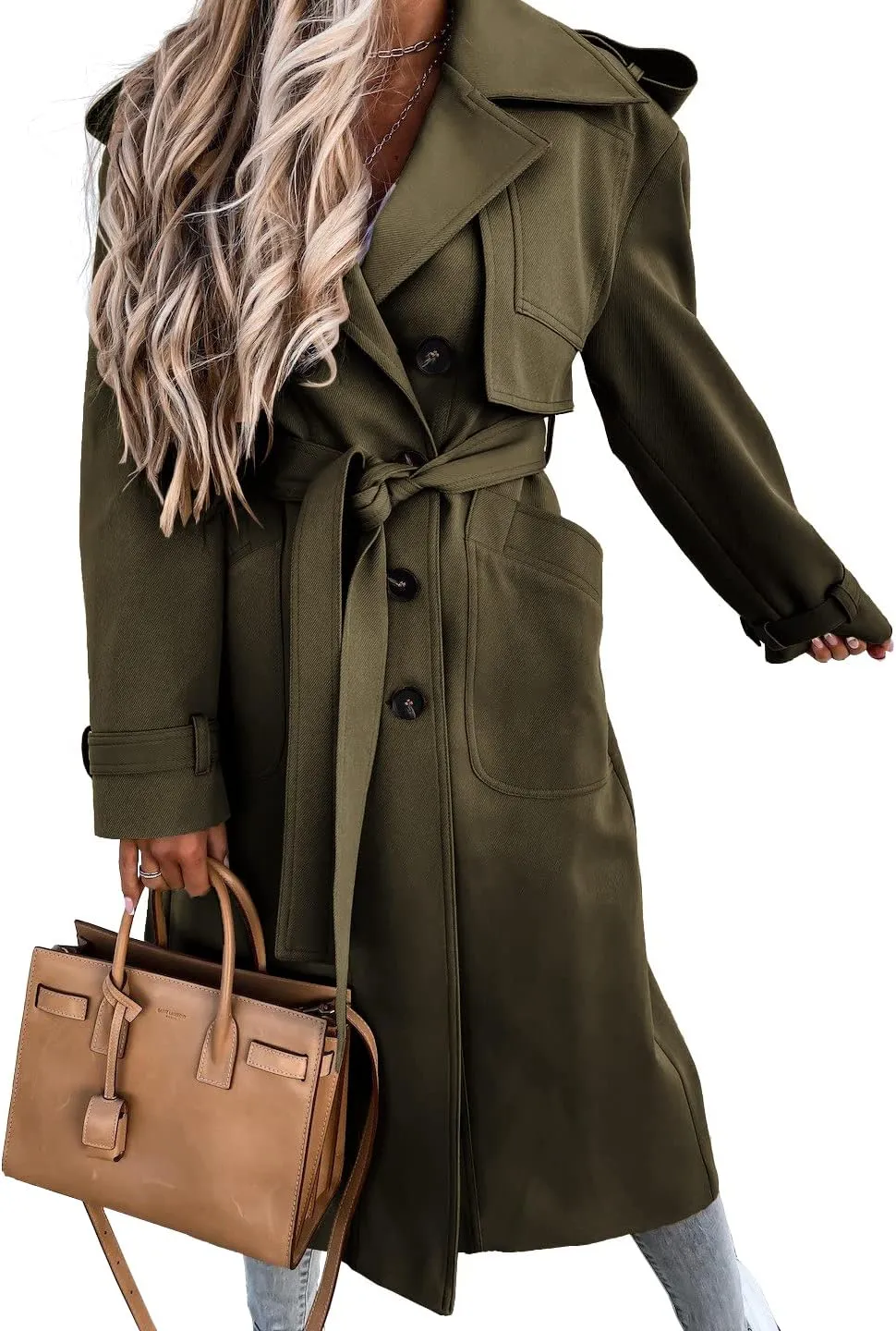 Fisoew Women's Double Breasted Long Trench Coat Windproof Classic Lapel Belted Overcoat with Pockets