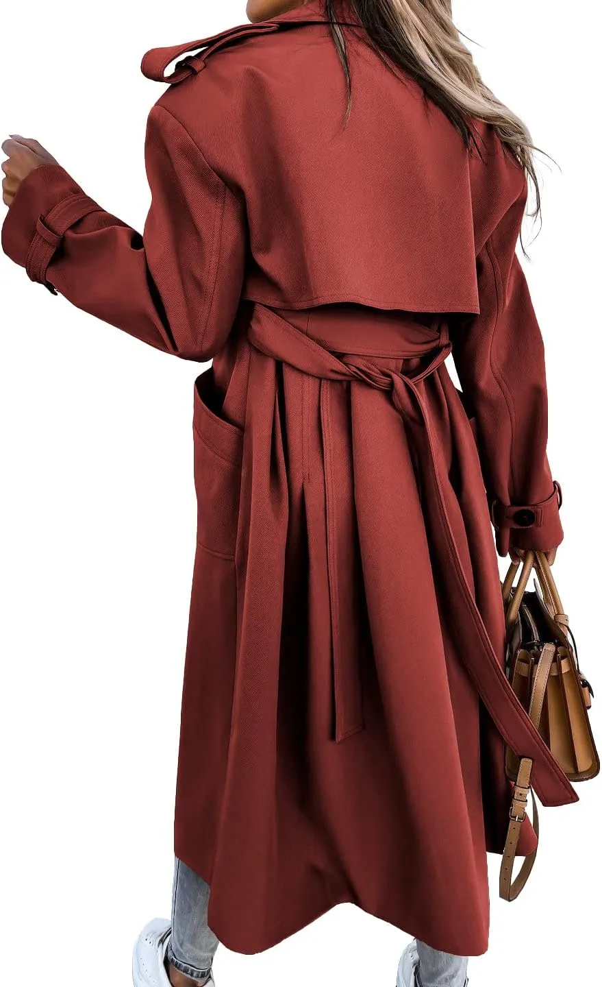 Fisoew Women's Double Breasted Long Trench Coat Windproof Classic Lapel Belted Overcoat with Pockets