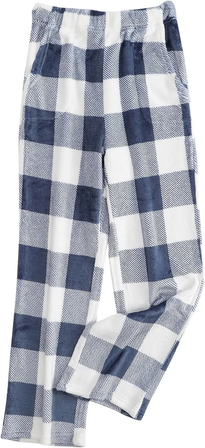 Flannel Pajama Women's Soft Fuzzy Cute Plaid Pj Pants Comfy Wide Leg Lounge Sleepwear with Pockets