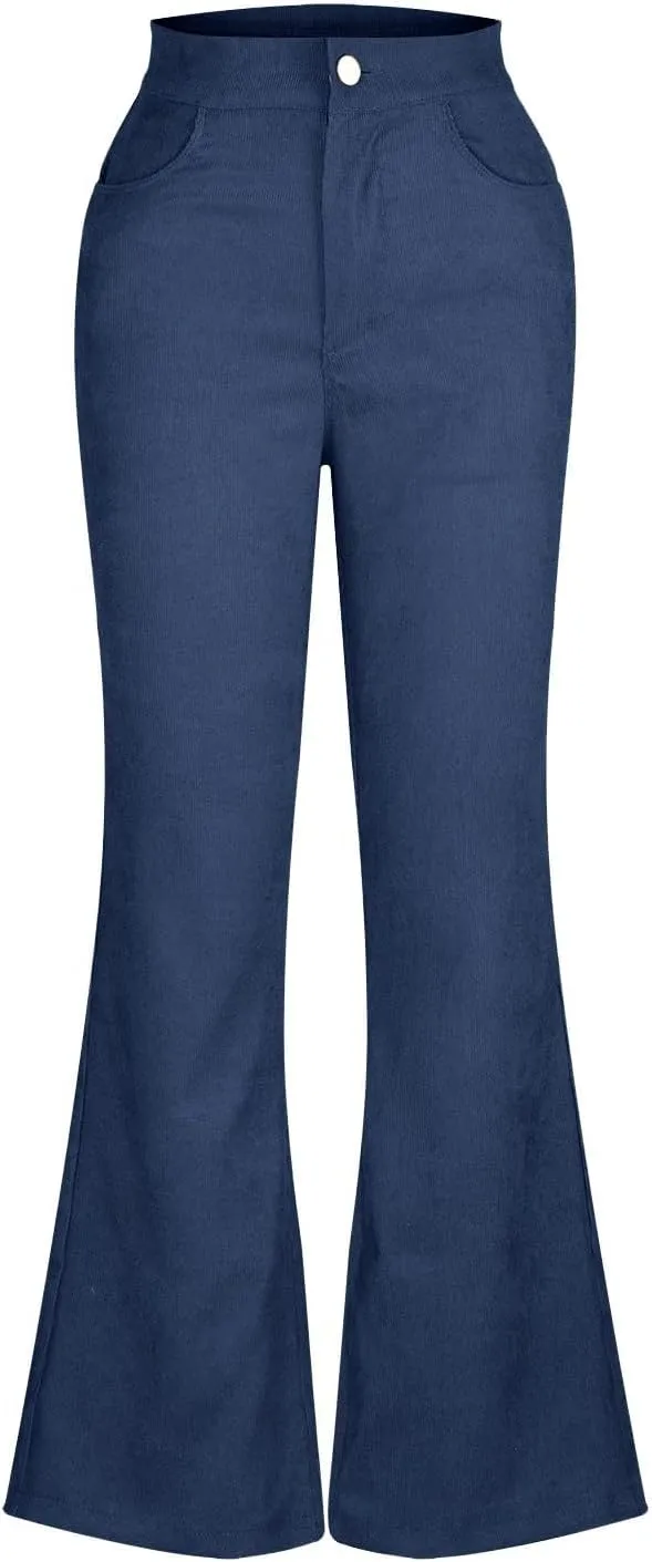 Flared Corduroy Pants Women Stretchy High Waisted Flare Pants Elastic Waist Pants Straight Leg Trousers with Pockets