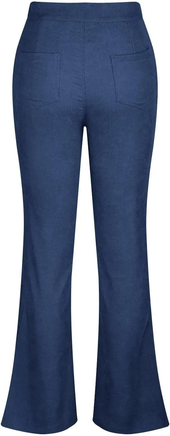 Flared Corduroy Pants Women Stretchy High Waisted Flare Pants Elastic Waist Pants Straight Leg Trousers with Pockets