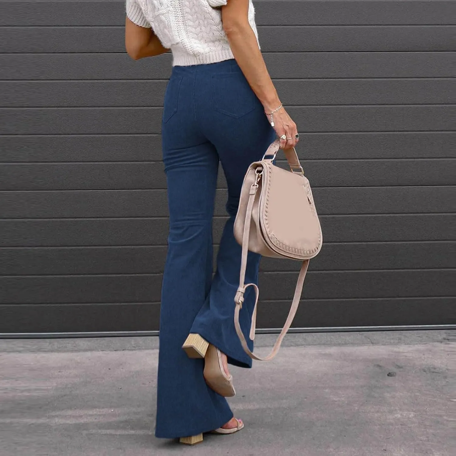Flared Corduroy Pants Women Stretchy High Waisted Flare Pants Elastic Waist Pants Straight Leg Trousers with Pockets