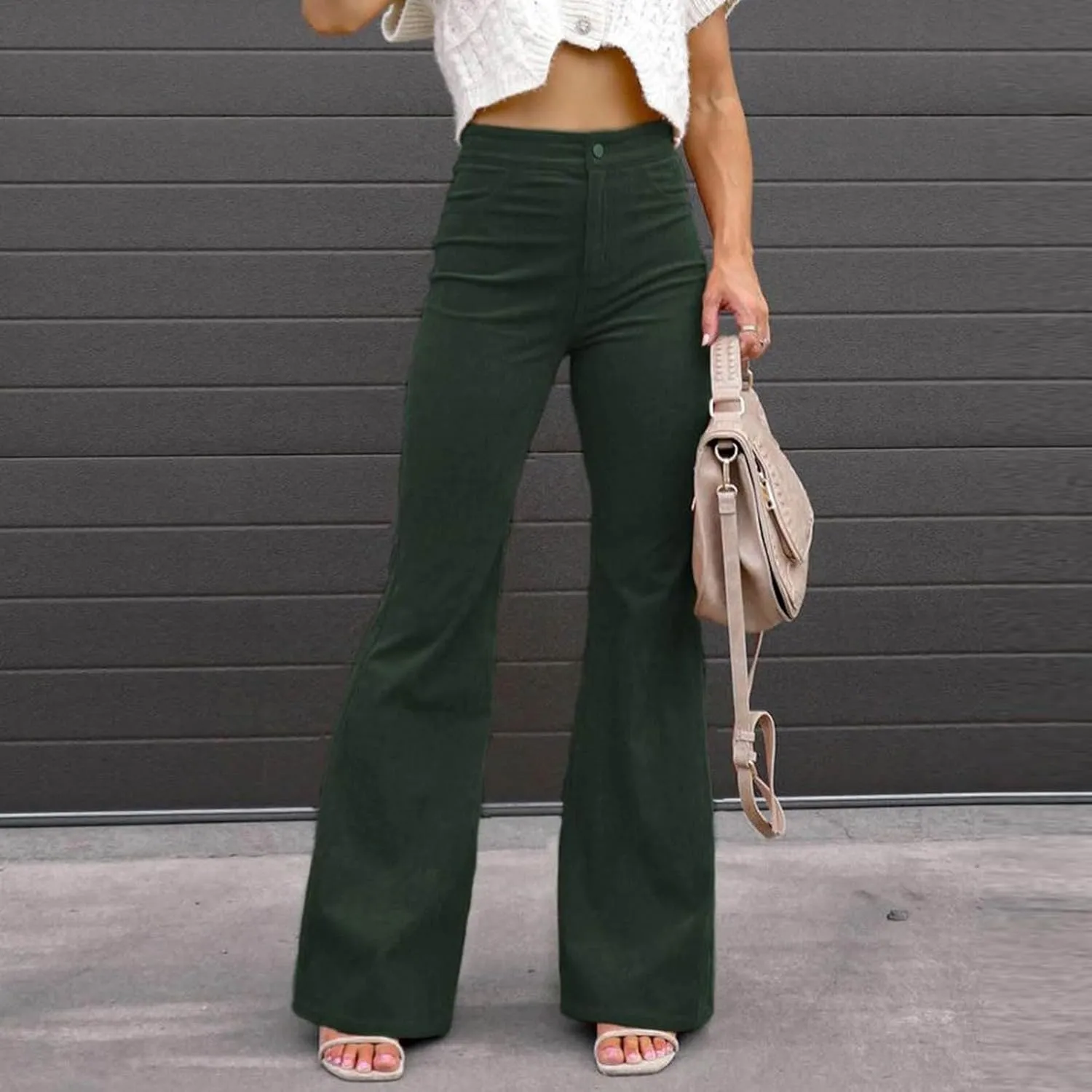 Flared Corduroy Pants Women Stretchy High Waisted Flare Pants Elastic Waist Pants Straight Leg Trousers with Pockets