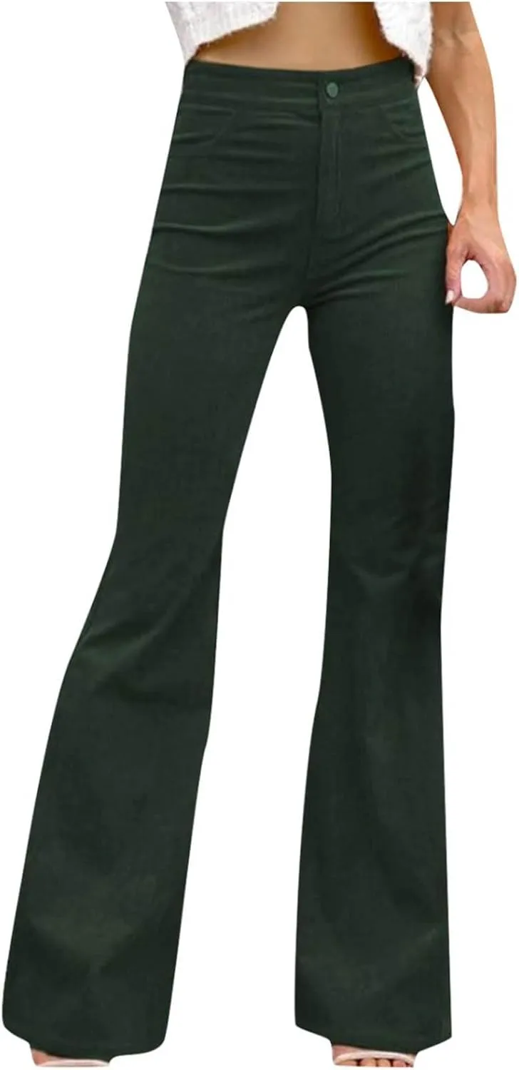 Flared Corduroy Pants Women Stretchy High Waisted Flare Pants Elastic Waist Pants Straight Leg Trousers with Pockets