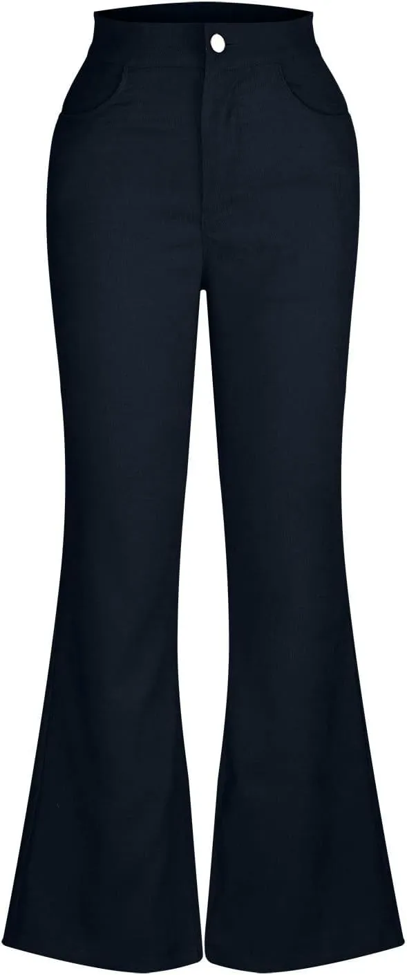 Flared Corduroy Pants Women Stretchy High Waisted Flare Pants Elastic Waist Pants Straight Leg Trousers with Pockets